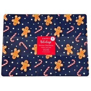 Christmas Placemats Gingerbread Men Set of 4 Vinyl Foam Back Navy Holiday 13x18"